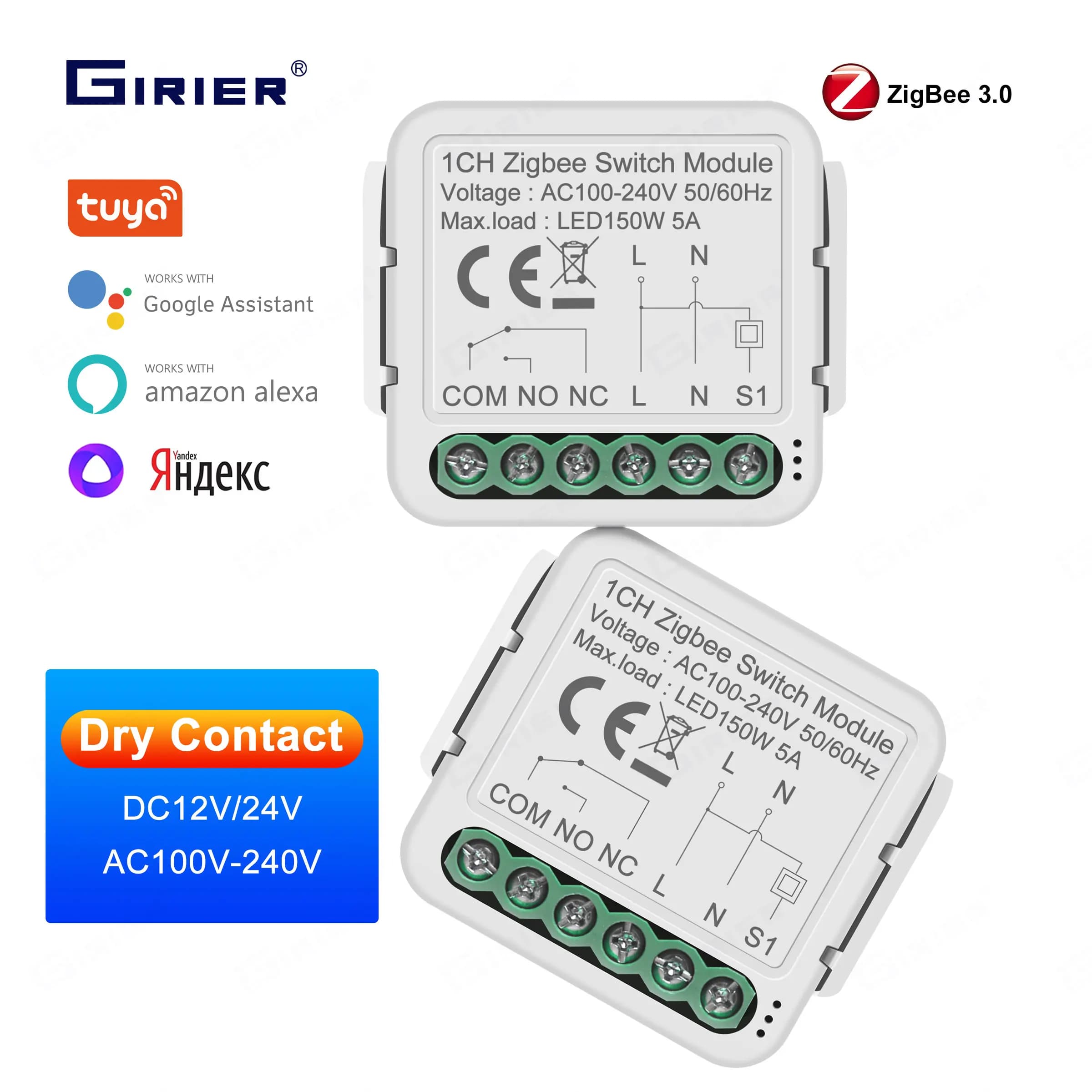 GIRIER Tuya Smart ZigBee Switch Module 5A Dry Contact Universal Breaker Relay DC 12/24V AC 100-240V Works with Google Home Alexa
