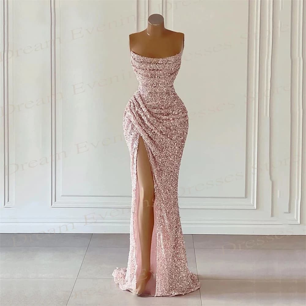 Generous Pink Mermaid Shiny Glitter Evening Dresses Strapless Sleeveless Prom Gowns Modern Split Customized Vestidos De Fiesta