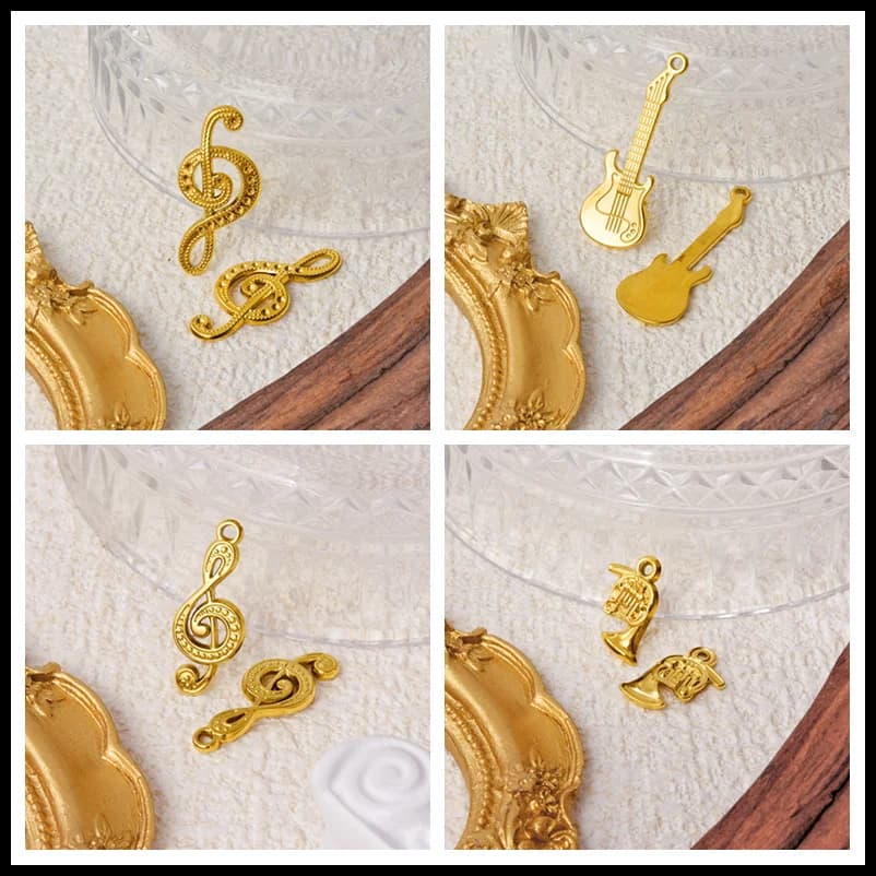 10pcs Gold Color Instrument Music Symbol Shape Charm Pendant Hip-Hop Rock Style Stainless Steel Diy Women's Earrings Decoration