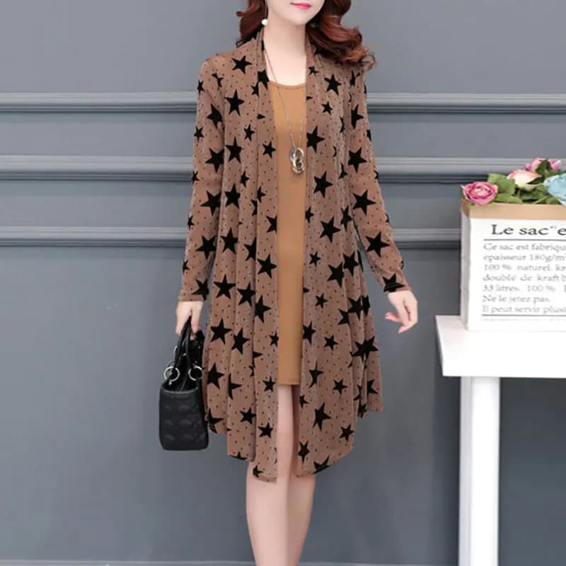 Stylish Star Printed Open Stitch Blouse Loose Women's Clothing Irregular Hem Summer Thin Commute Long Sleeve Casual Midi Shirt