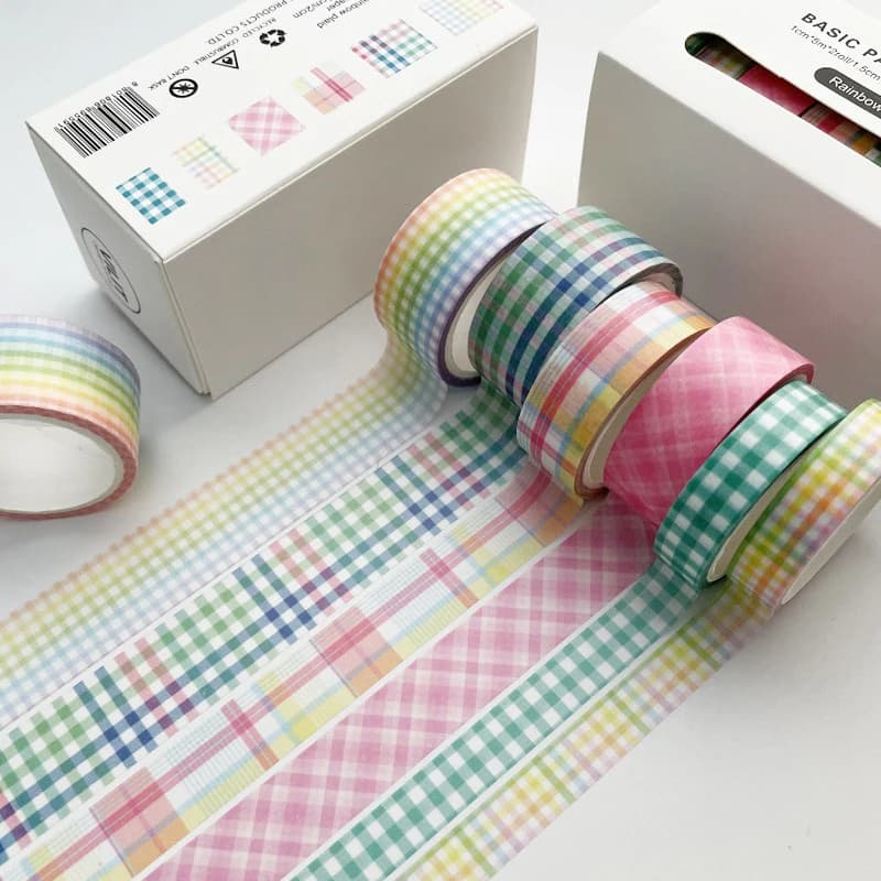 6Rolls/box Kawaii Handbook DIY Plaid Washi Tape Masking Tape Paper Gift Decoration Material 6 Colors in A Box 5 Meters in A Roll