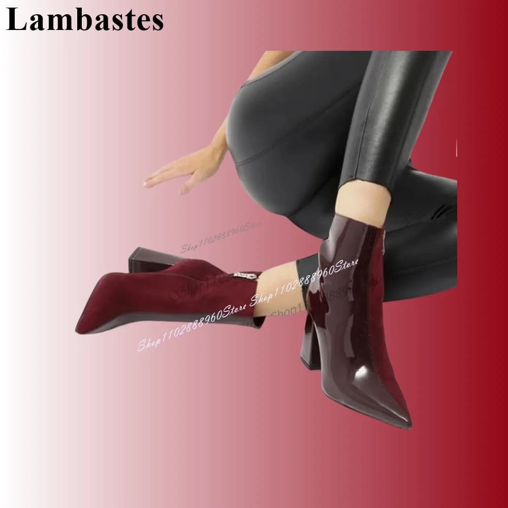 Burgundy Patent Leather Suede Patchwork Ankle Boots Thin High Heel Women Shoes Side Zipper Pointed Toe 2023 Zapatos Para Mujere