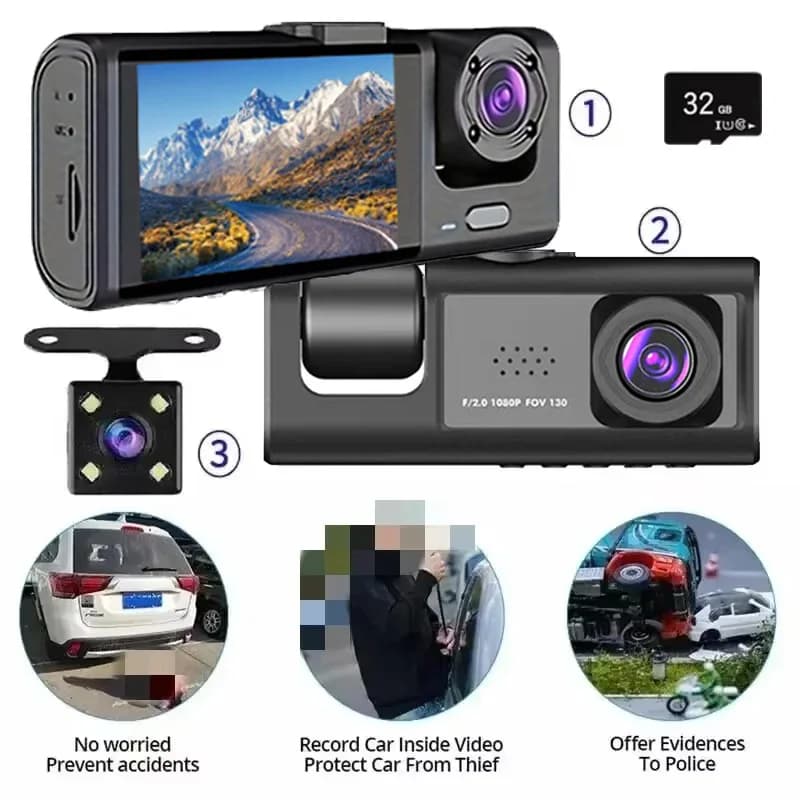 Dash Cam W/ IR Night Vision Loop Recording & 2" IPS Screen 1080P 3 Camera ， DVR recorder, video recorder, Vehicle DVR