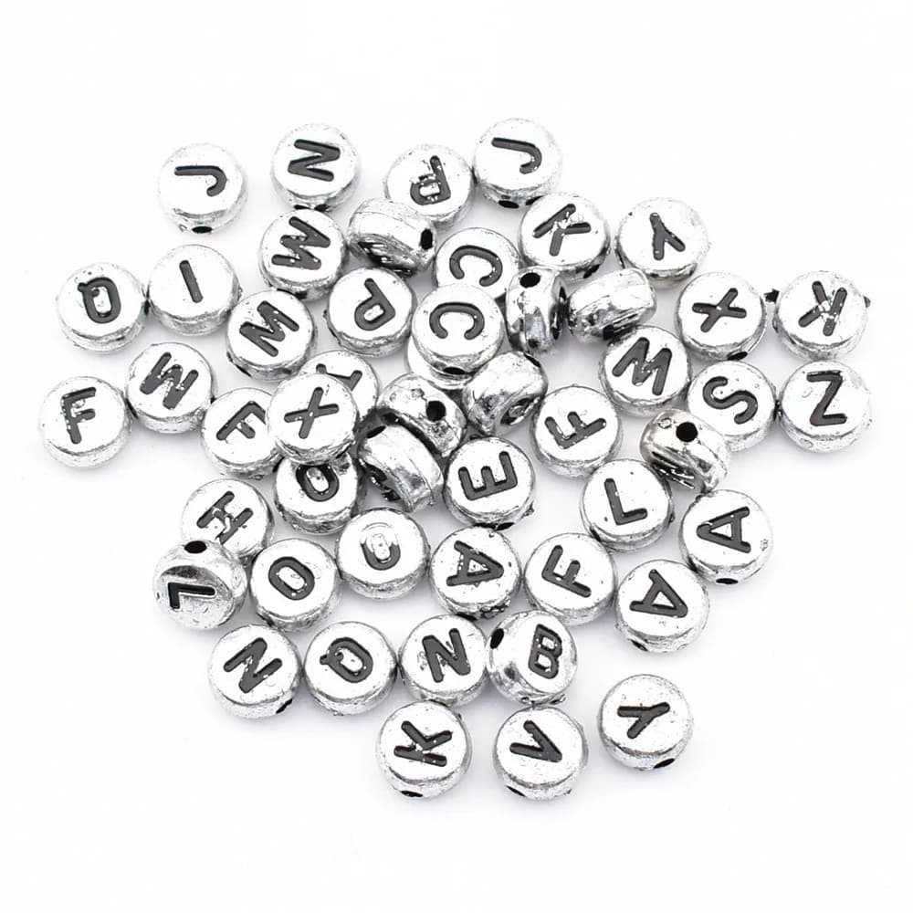 50pcs/lot 7*4*1mm DIY Acrylic letter beads Round silver background with black letter beads for jewelry making