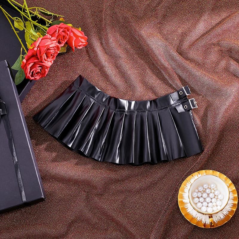 Sexy PU Leather Pleated Skirt Women Solid Basic Mini Skirt Low Waist Skirt Female Nightwear Micro Bikini Skirts Nightclub Skirts