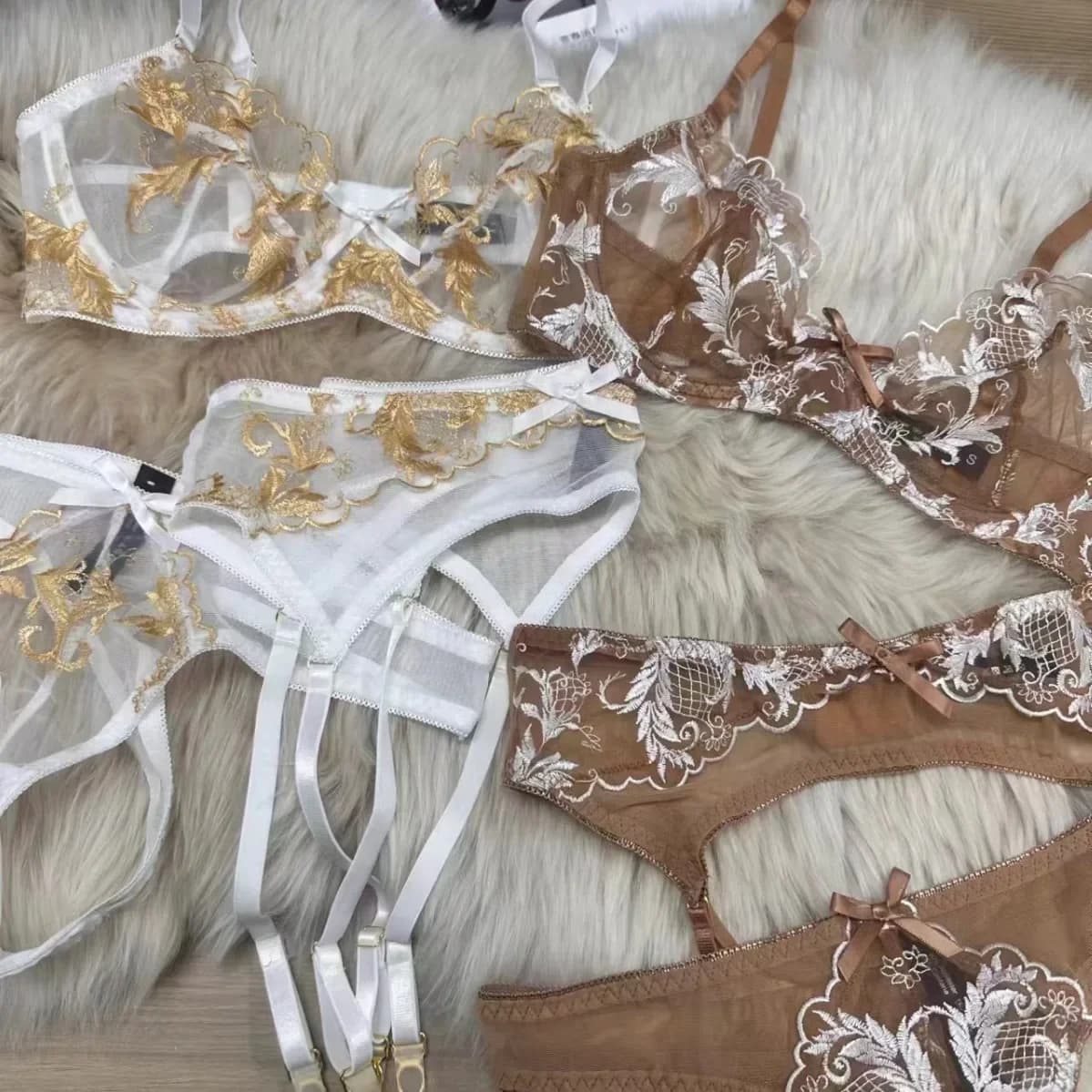 Sexy erotic lace lingerie women embroidery transparent mesh bra garter set of three steel ring bras underwear set