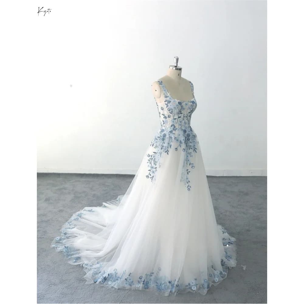 Kyoto Light Blue Floral Embroidery Wedding Dress Sleeveless Square Neck vestidos de novia Customized A-line Fairy robe de mariée