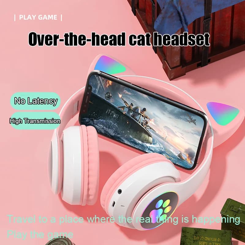 P47M Wireless Headphone Flash Light Cute Cat Bluetooth with Mic Control LED Stereo Music Helmet Phone Bluetooth Headset Gift