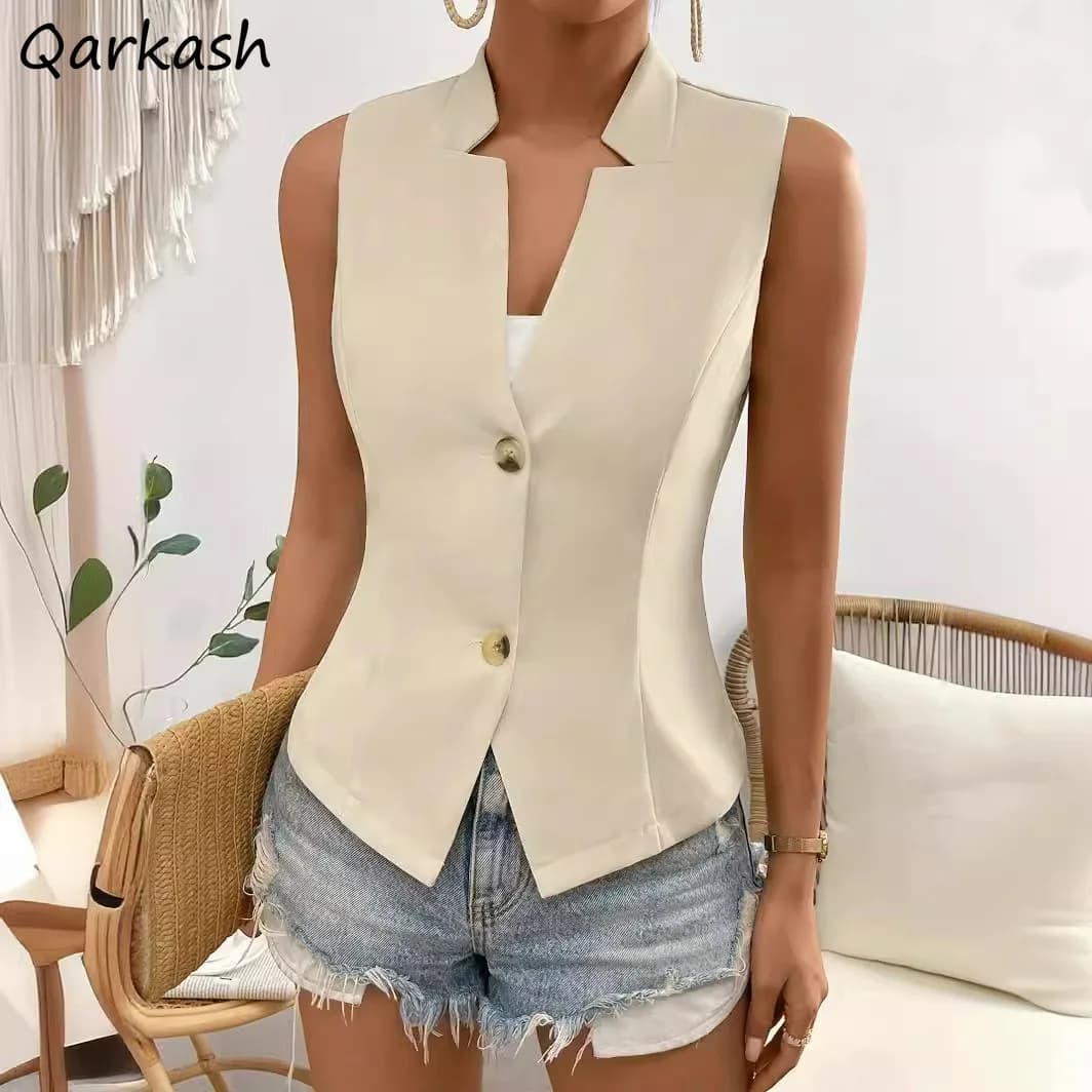 Vests Women Solid V-neck Slim Single Breasted European Style Elegant Ladies Commuting All-match Spring Summer Stylish Outwear