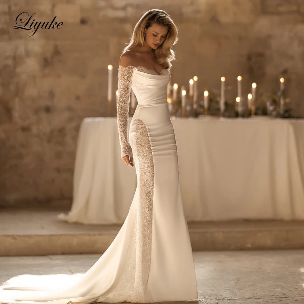 Liyuke Graceful Sweetheart Mermaid Bride Dress With Uniquisite Lace Off Shoulder Long Sleeves Pleats Wedding  Gowns