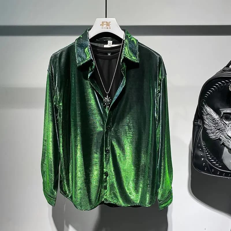 Men's New Fashionable Long Sleeved Loose, Pippy, Handsome, Bright Face Outer Wearing Shirt, Bar Bounce, And Couture For Girls