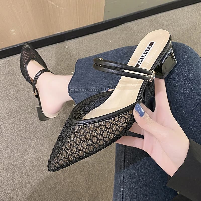 Fairy Style Baotou Half Slippers with Thick Heels Summer New Fashion Mesh High Heels Versatile Sandals Breathable Zapatos Mujer