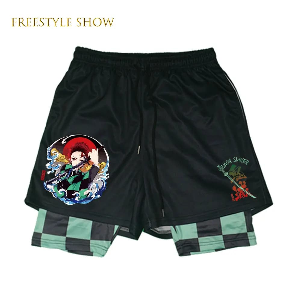 Anime Demon Slayer Gym Shorts For Men 3d Printed Double Layer 2-in-1 Quick-drying Sports Short Gym Outdoor Jogging Sports Pants