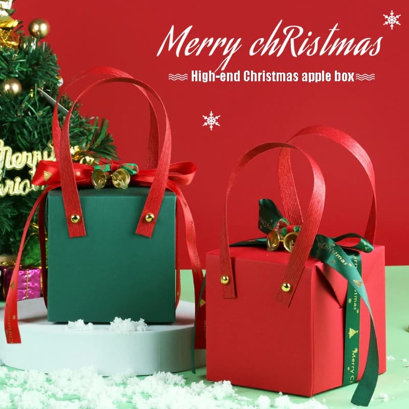 Christmas High-Grade Apple Box Christmas Eve Ribbon Gift Wrapping Paper Box with Bell Square Solid Color Handheld Gift Box