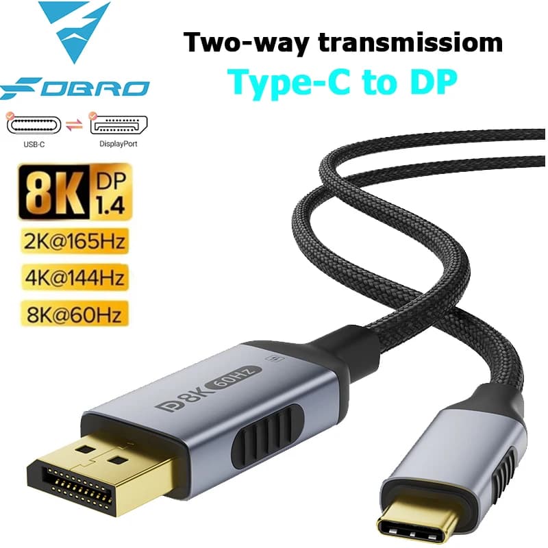 Type C to DisplayPort 2.1 Cable 8K@60Hz 4K@144Hz Bi-directional DP to USB-C for Thunderbolt 4/3 for MacBook Huawei Air Projector