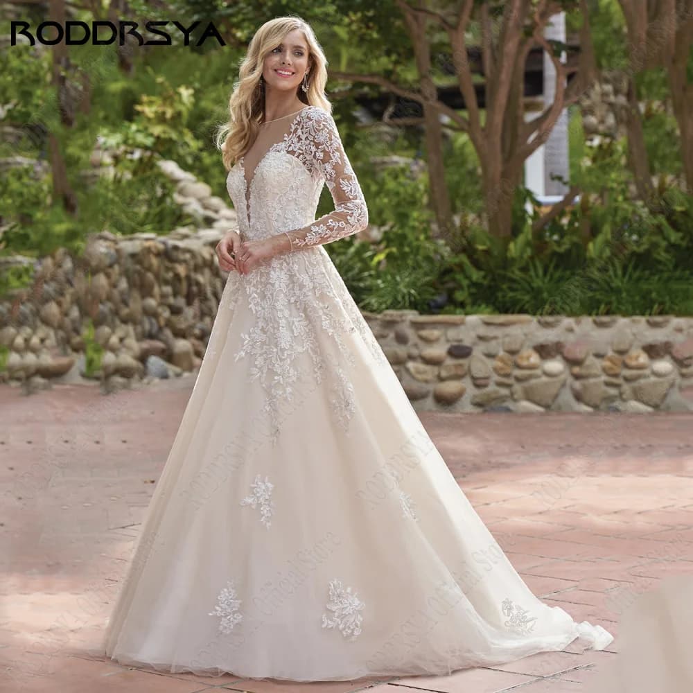 RODDRSY Civil Wedding Dress Scoop Long Sleeves Boho Bride Gowns Lace Applique V-Neck Backless A-Line Illusion vestido de noiva
