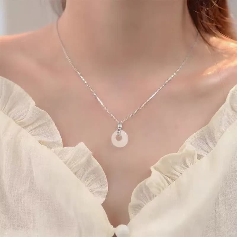Natural Agate Jade Chalcedony Donuts Pendant Necklace Clavicular Chain Charming S999 Silver Jewelry Ethnic Style Gift for Women