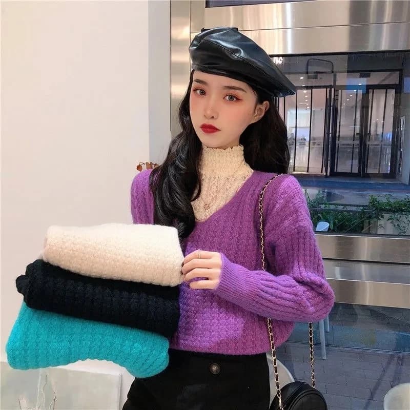Female Autumn Winter New Thickening Fashion Lace Collar Knitwear Loose Fitting Knitwear Female Popular Knitwear Pullover Sweater