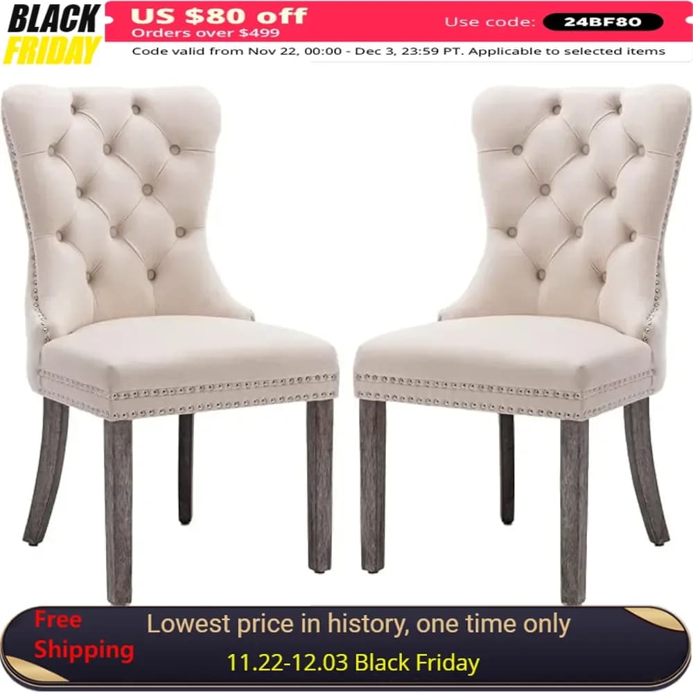 Dining Chairs Set of 2 Faux Leather Dining Room Chair Upholstered High-end Tufted Kitchen Chairs Solid Wood Legs