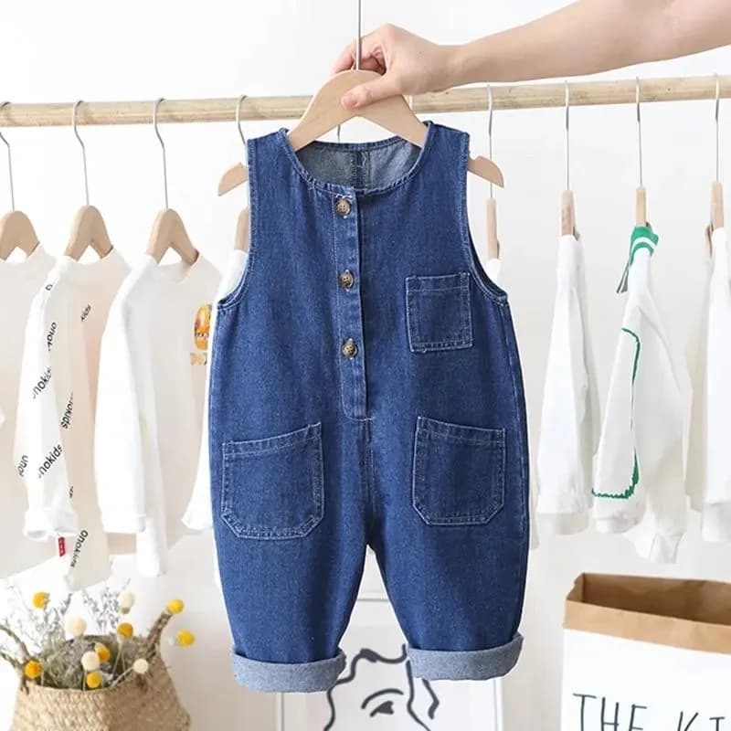 Spring Autumn Pure Cotton Children's Denim Overalls Boys' Girls' Blue Denim Overalls Casual Baby Jumpsuits Round Neck Rompers