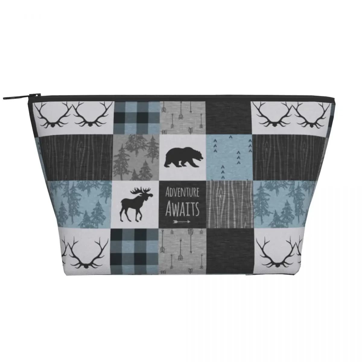 Travel Adventure Awaits Patchwork Blue Toiletry Bag Plaid Cosmetic Makeup Organizer for Women Beauty Storage Dopp Kit Case