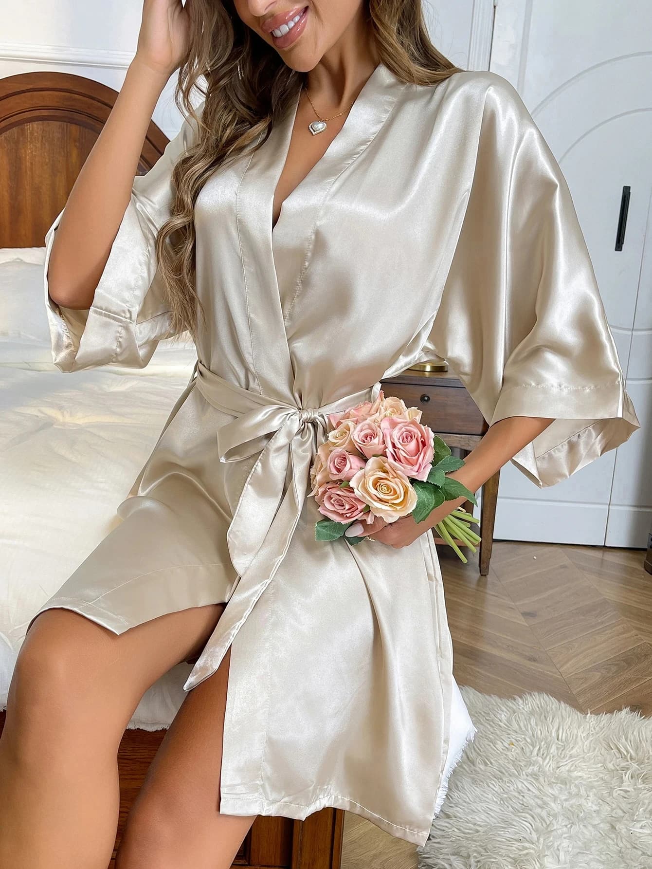 Sleep skirt spring summer new simple home dress sexy long silk cardigan bathrobe bathrobe woman