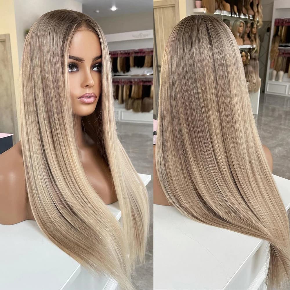 Soft Highlight Ash Blonde Straight 180Density 26Inch Long Lace Front Wig For Black Women Baby Hair Preplucked Daily Glueless