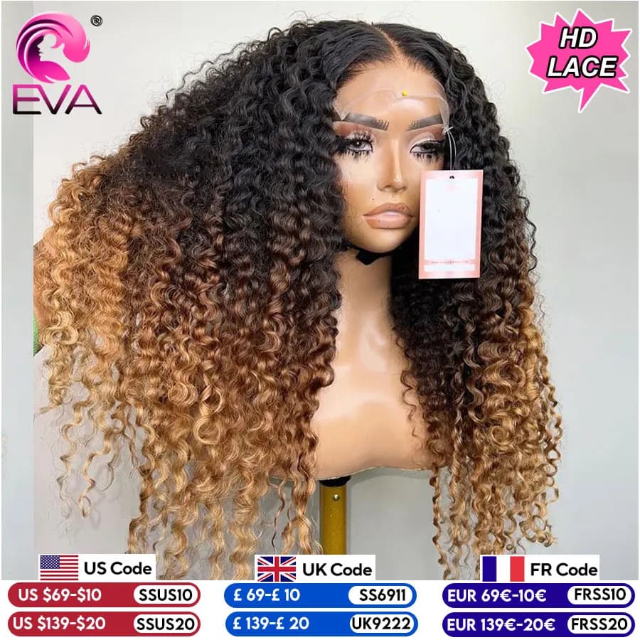 Eva Ombre Color Curly Wigs 13x6 HD Lace Frontal Wig Pre Plucked Human Hair HD Lace Front Wig 5x5 HD Lace Closure Wigs For Women