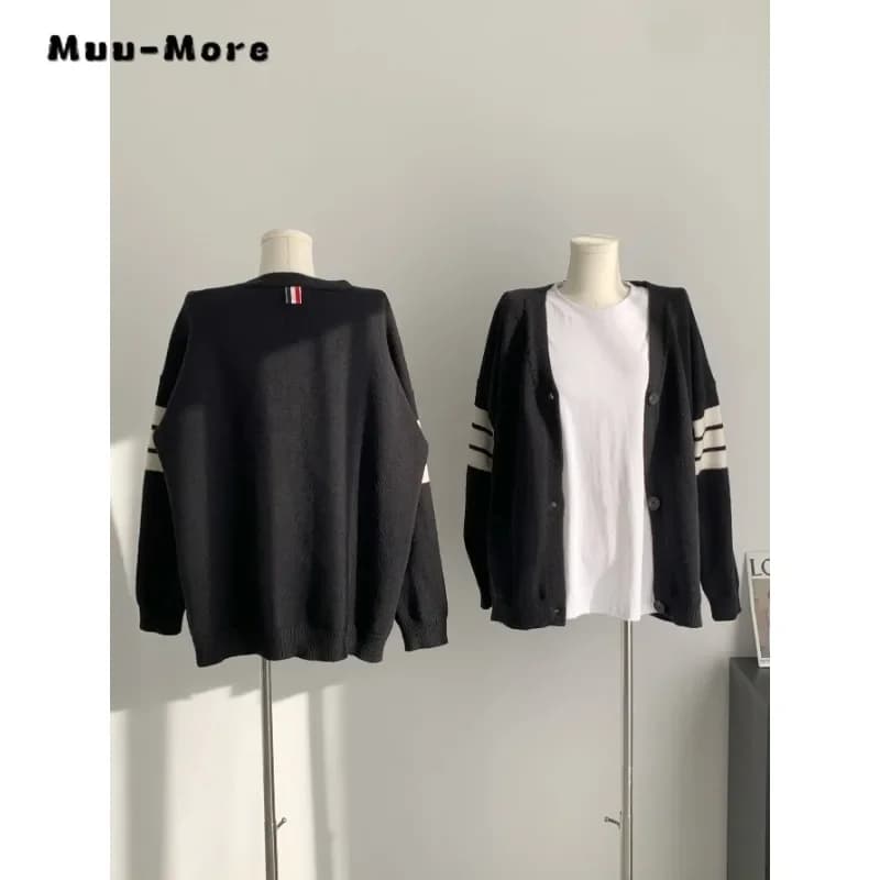 Fashion Casual Single Breasted Sweater Women Knit Stripe Jumpers Long Sleeve V-neck Loose Cardigans 2024 Winter Vintage Cardigan