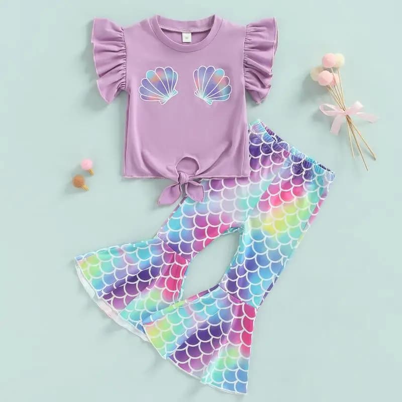 Summer Girls' New Shell Print Flying Sleeve Lace Up Top Fish Scale Trumpet Pants Halloween Mermaid Cosplay Two-Piece Set