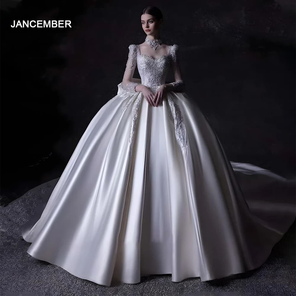 Jancember Scoop Full Sleeves Organza and Satin Beading Bow Illusion Stylish Wedding Dresses For Women Vestido De Noiva LSHT004