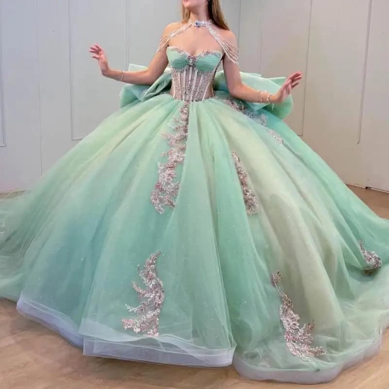 Luxury Light Green Sparkly Quinceanera Dresses Appliques Lace Bow Beads Tull Ball Gown Sweet 16 Dress Party Birthday Vestidos De