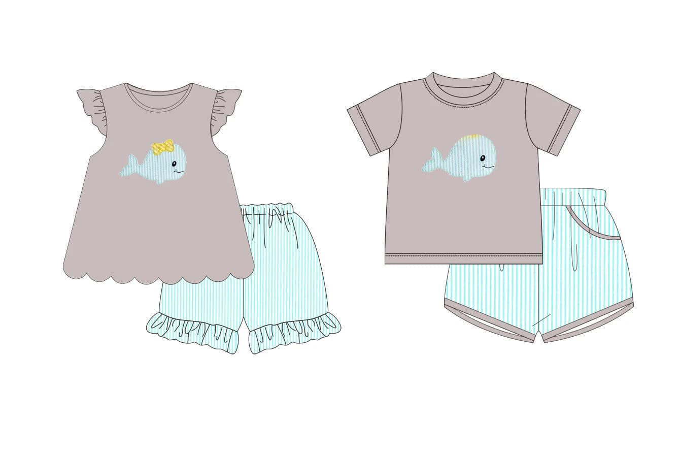 Wholesale Children's Sets Cartoon Fish Print Short sleeves shorts set Boy outfits set Baby Girl Clothes Sibling Clothes