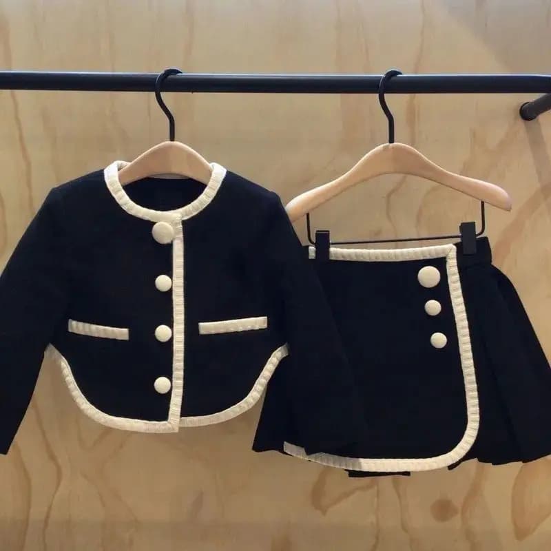 Childrens Sets Girl Autumn New Fashionable Long Sleeves Cardigan Baby Korean 2024 Skirt Two Pieces Round Collar Solid