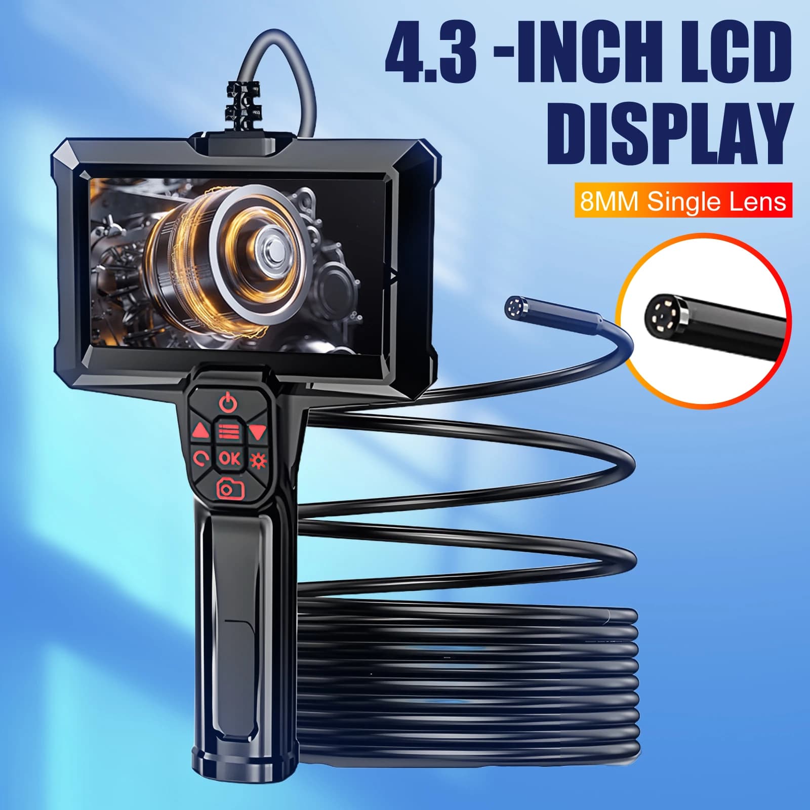 4.3" LCD Endoscope Camera with Light HD 1080P IP67 Waterproof Borescope Camera 8 LED Lights 32GB Card for Sewer Pipe HVAC Car