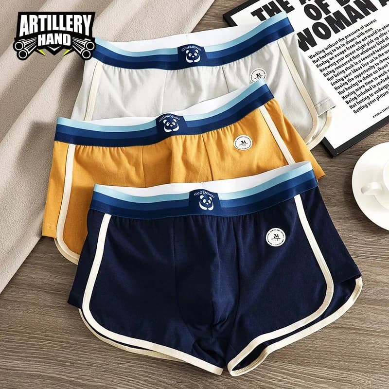 3-Piece set - Men's solid color underwear loose boxers breathable cotton trendy boys shorts four-corner sports boxers