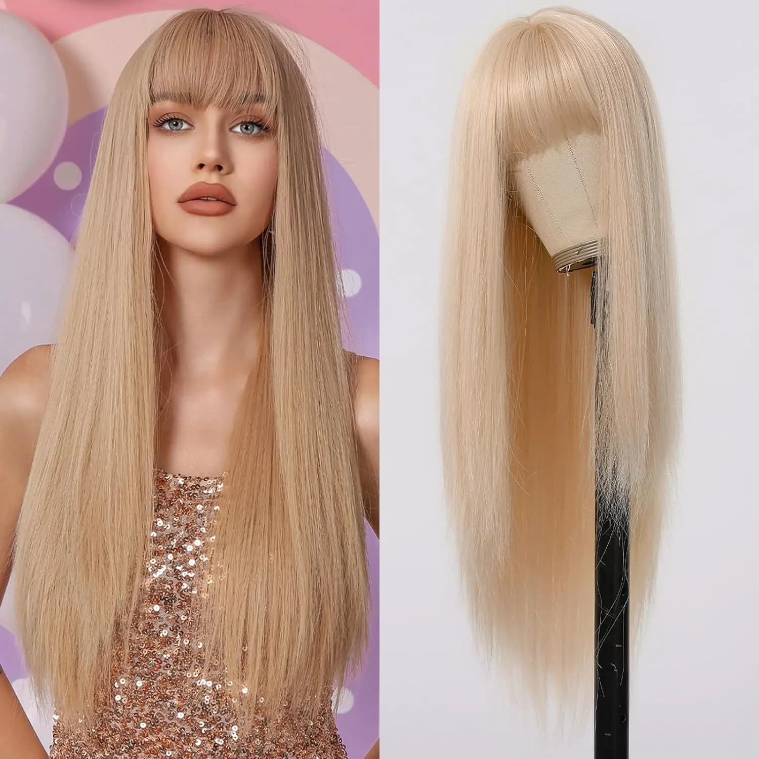 Blonde Wig Women Long Straight Bangs Natural Synthetic Fiber Synthetic Hair Fashion Ladies Daily Party Use Heat Resistant