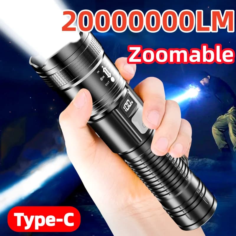 2000000LM Ultra-High Power Flashlight Digital Electronic Display Waterproof Torch Zoom Hand Light Outdoor Camping Lantern