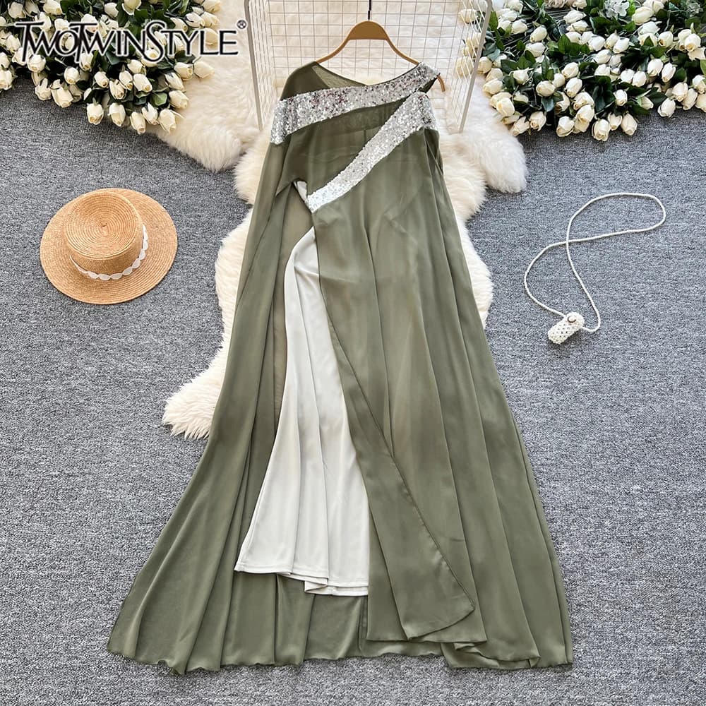 TWOTWINSTYLE Colorblock Casual Two Piece Set For Women Strapless Midi Sling O Neck Spliced Sequins Dress Sets Female KSE518174