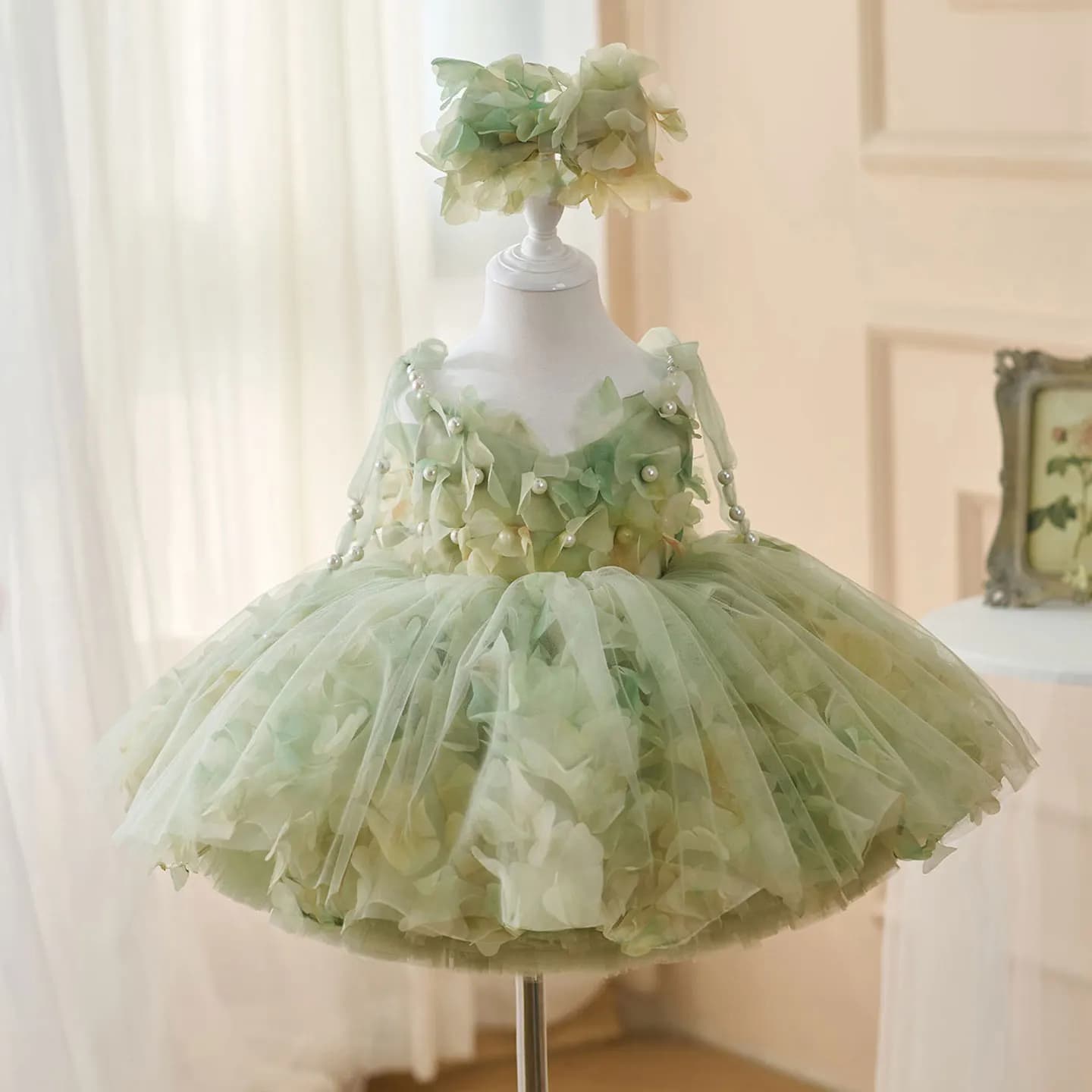 Jill Wish D053 Lovely Sage Green Flower Girl Dresses with Hairband Pearls for Baby Kids Wedding 1st Birthday Pageant Party