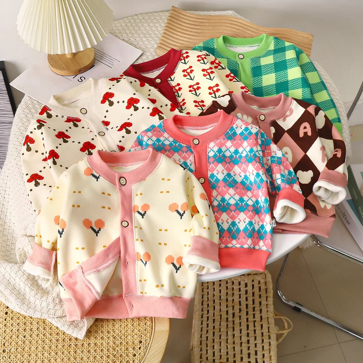 2025 Autumn Winter New in Kids Baby Girls Boys Thicken Warm Clothing , Children Floral Cardigan Toddler Top Outwear Sweater