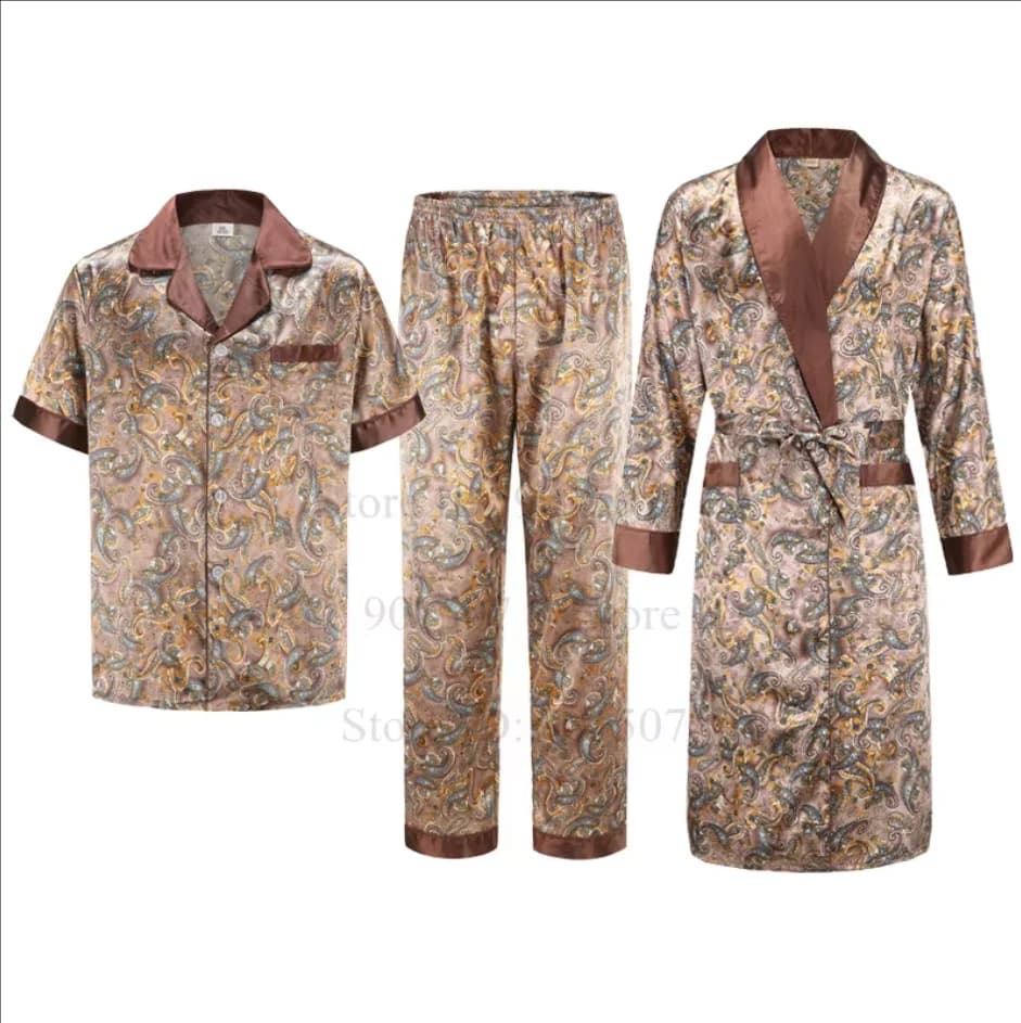 Summer Autumn New Bathrobe with Pocket Ice Silk Robe Male Casual Home Clothes Loose Nightwear Loungewear Print Shirt&pants
