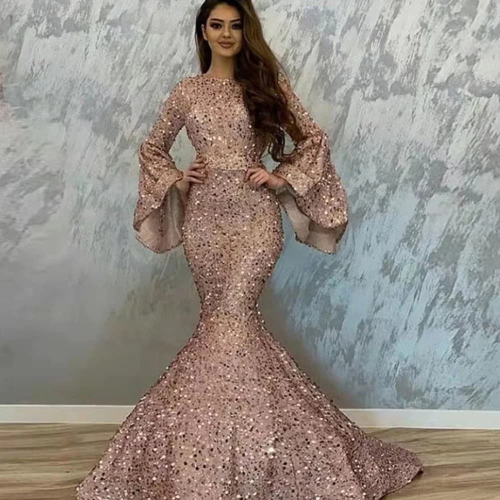 Shinny Rose Pink Sequins Mermaid Cocktail Dresses Flare Full Sleeves Prom Evening Gown Back Zipper Blet vestidos de fiesta плать