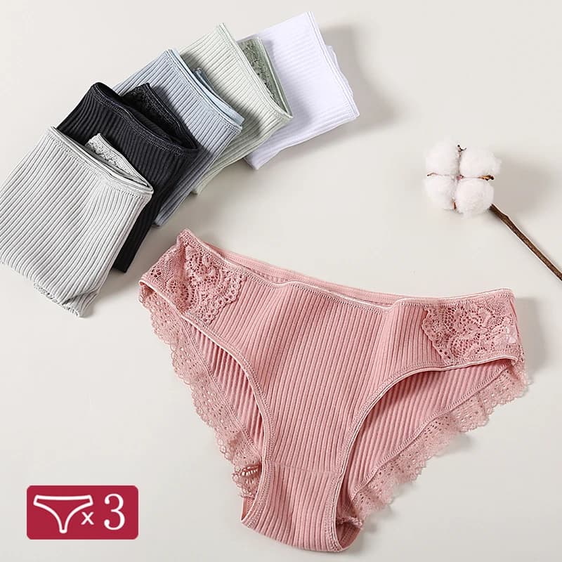 3Pcs/set Women's Cotton Panties M-2XL Women Patchwork Lace Underwear Sexy Low Waist Briefs Ladies Comfortable Underpants 2022