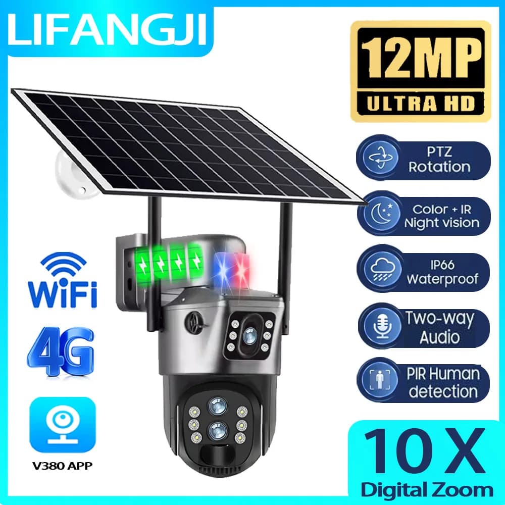 10X Zoom 4G Solar Camera Surveillance Outdoor WiFi 6K 12MP Three Lens 360 PTZ Wireless Auto Tracking Security Cameras V380 Pro