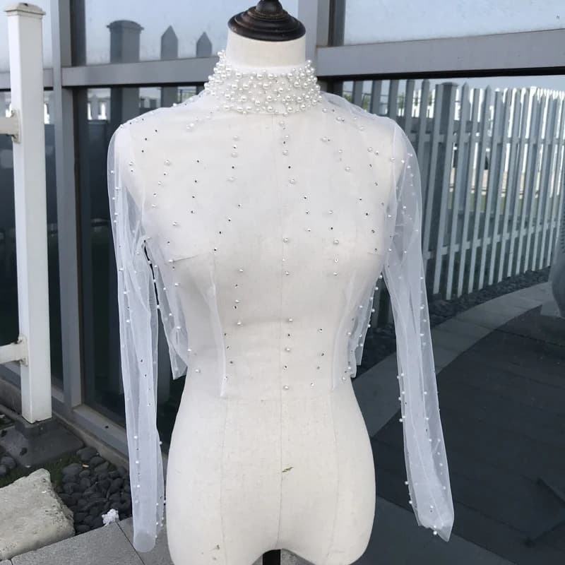 GOHYPDUG New Pearls Beaded Wedding Tulle Jacket Wrap Long Sleeve Women Bridal Accessories High Neck