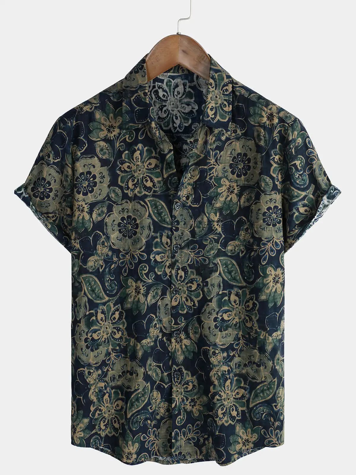 Retro floral print short sleeved shirt for men's casual lapel single breasted shirt 3D printed polyester short sleeved shirt