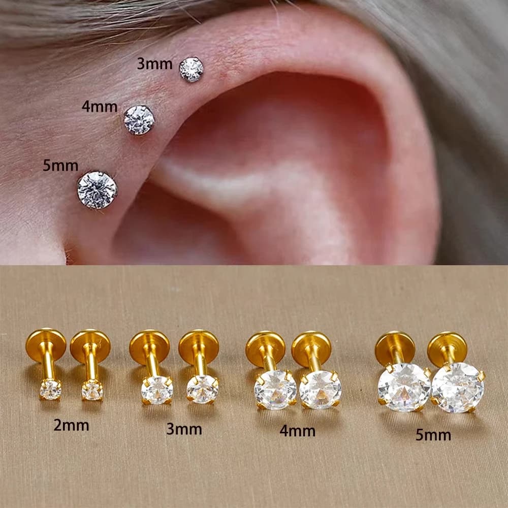 2PC Labret Tragus Stud Earrings 16G Surgical Stainless Steel CZ Crystal Monroe Helix Cartialge Conch Medusa Lip Body Piercing