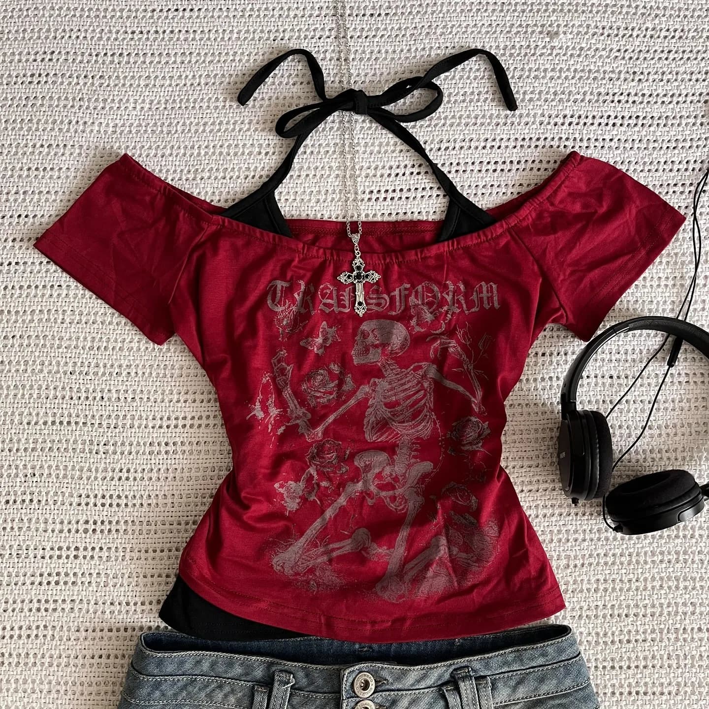 Millennium 2000s Y2k crop aesthetic sweet and sexy vest women's sleeveless casual anime printed vest Harajuku red full outfit Em