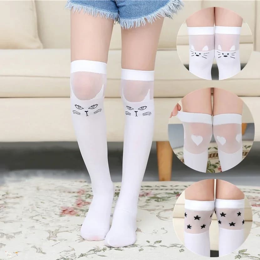 Summer Thin New Breathable Children Tube Socks Student Over The Knee Girls Stockings Cat Half High Tube White Black